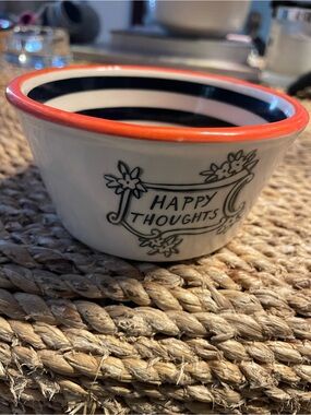 White Ceramic Serving Bowl with Orange Rim — "Happy Thoughts" Design